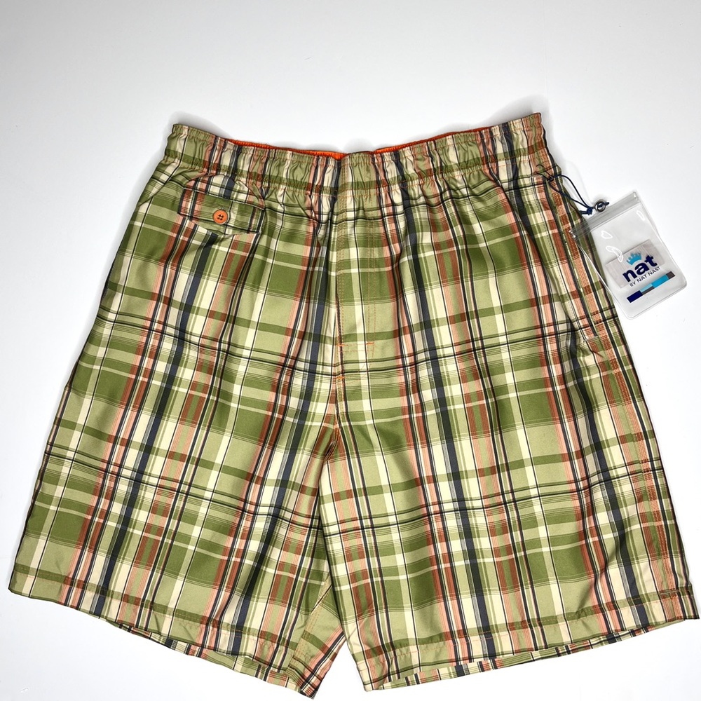 Nat Nast Green Plaid Swim Trunks Size M Tie Front Pocket Lined Elastic Retro